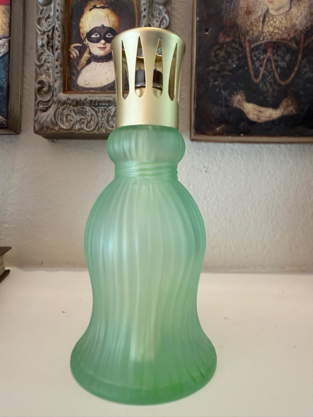 Vintage Lampe Berger Green Frosted Ribbed Glass Lamp - Picture 2 of 8